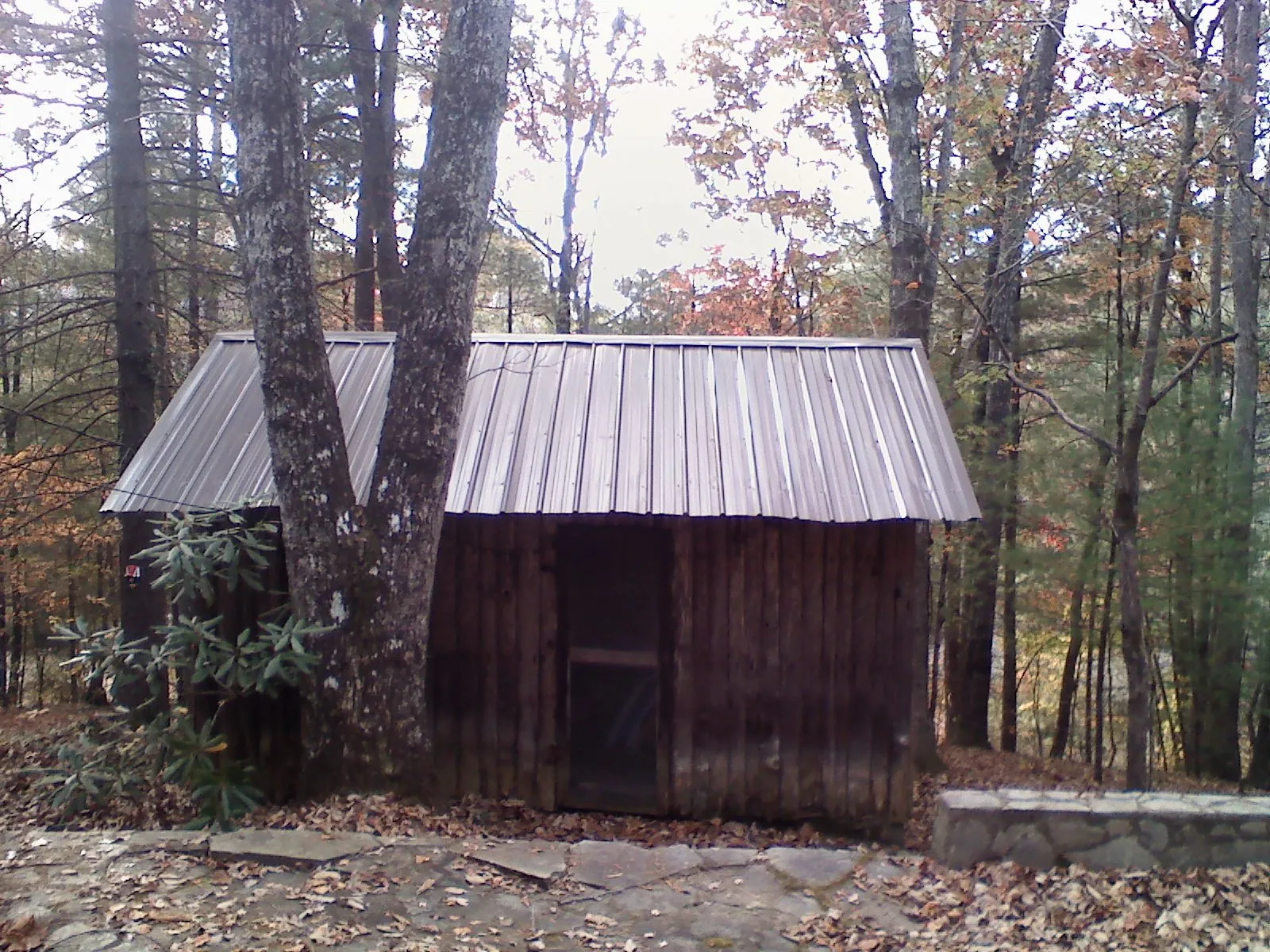 New metal gable roof on a small log shed among the trees in Ijamsville